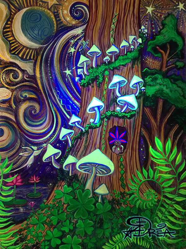 Enchanted Forest With Glowing Mushrooms under UV light