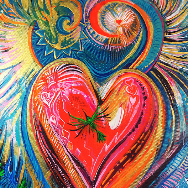 Center heart with hummingbird, dragon spirit and fairy under regular light