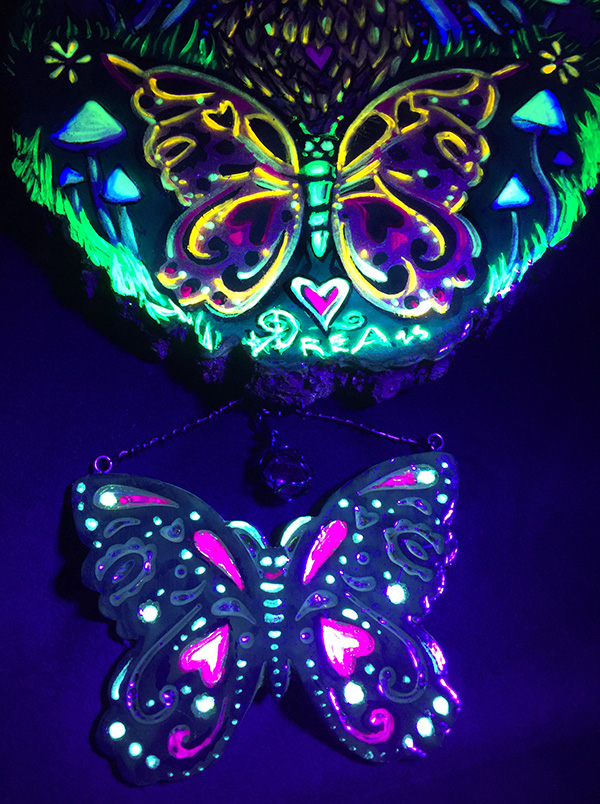 Owl and Butterfly Watch the Full Moon Detail of mixed media butterfly